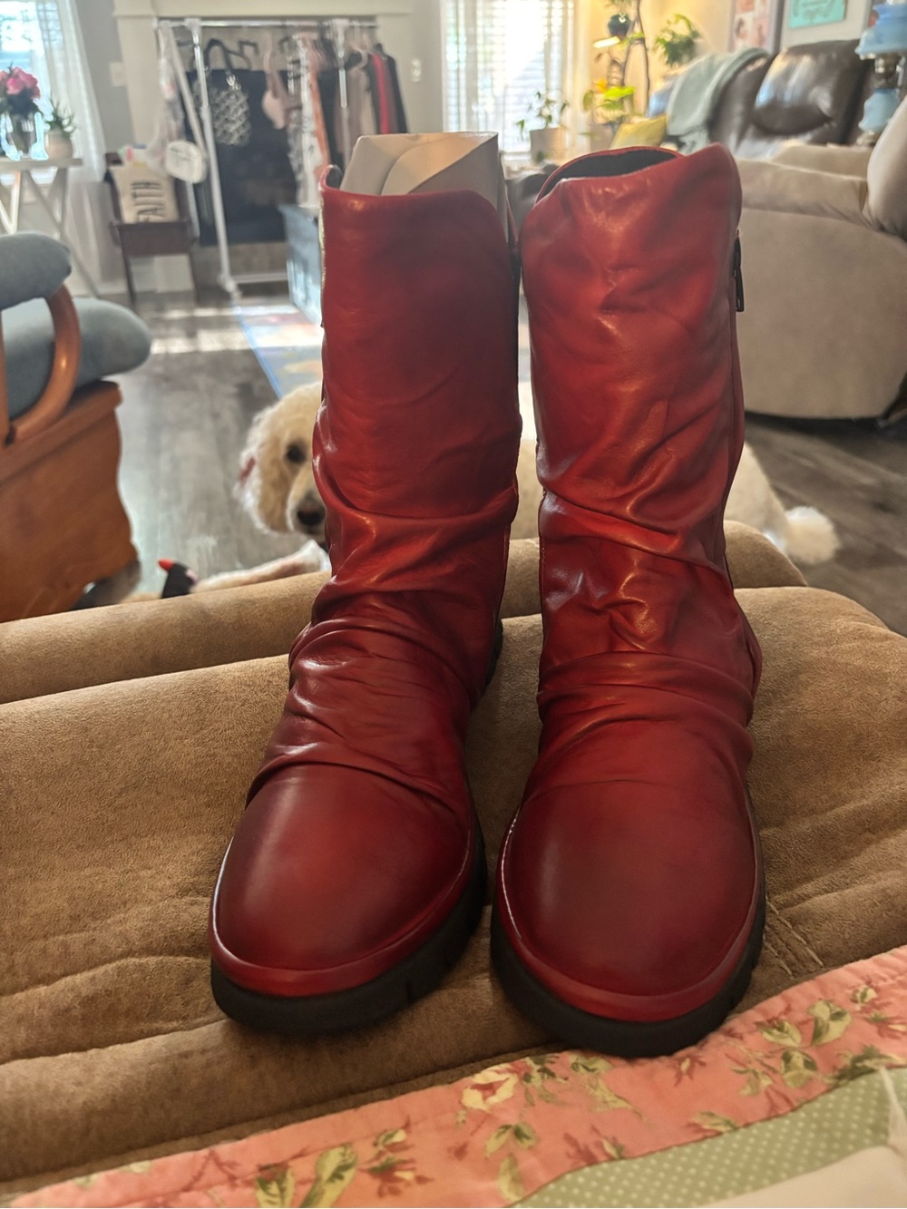 Miz Mooz Red Leather Slouchy Mid-Calf Combat Boots
